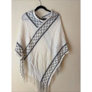 Cream & Gray Fringe Poncho Cape